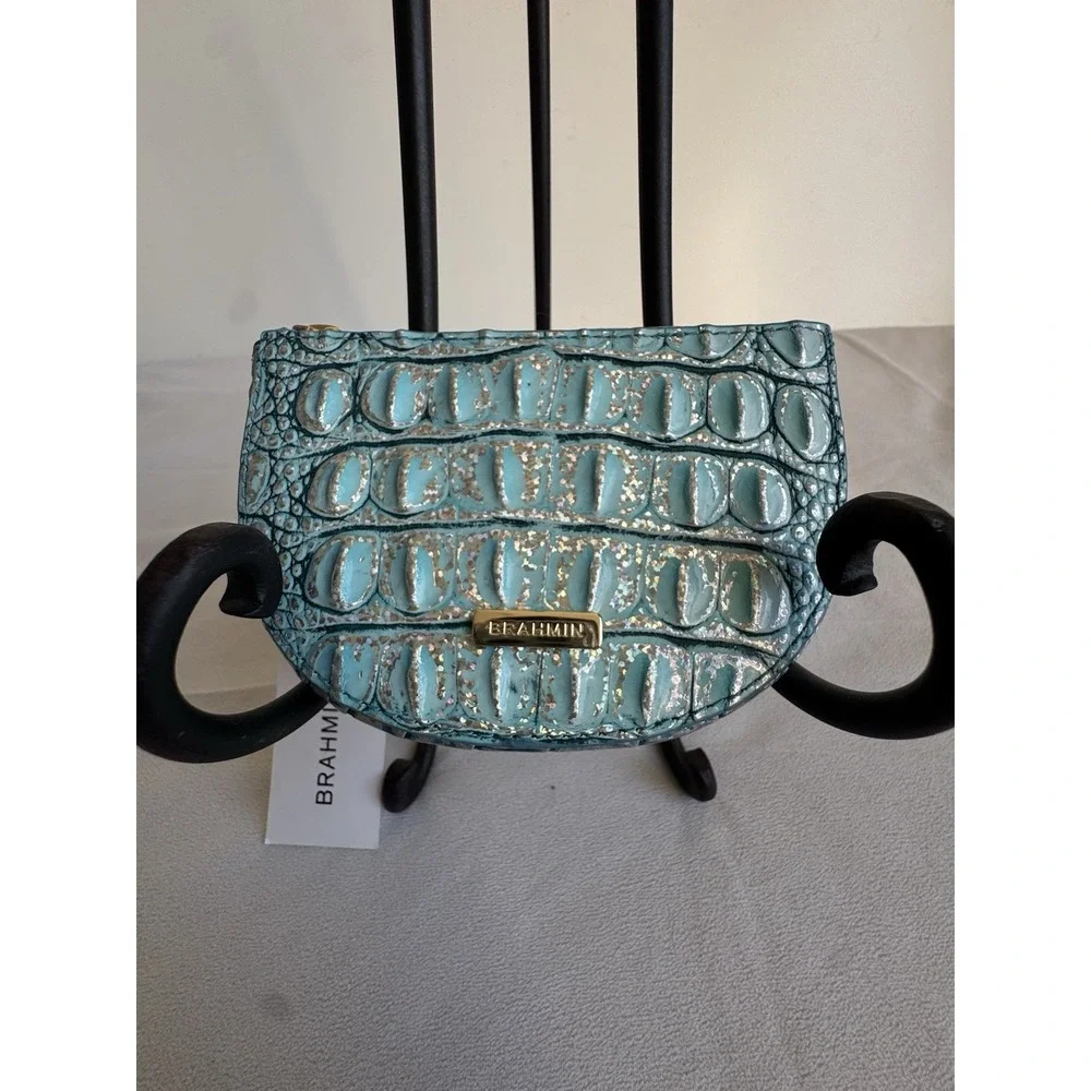 Brahmin Britt Arctic Blue Melbourne Croc Leather Clip On Coin Holder Charm Gold
